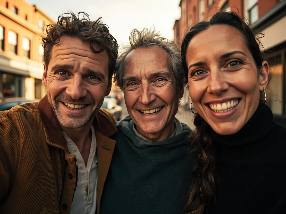Computer-generated image: three friends laughing together in a group photo on a quest day out