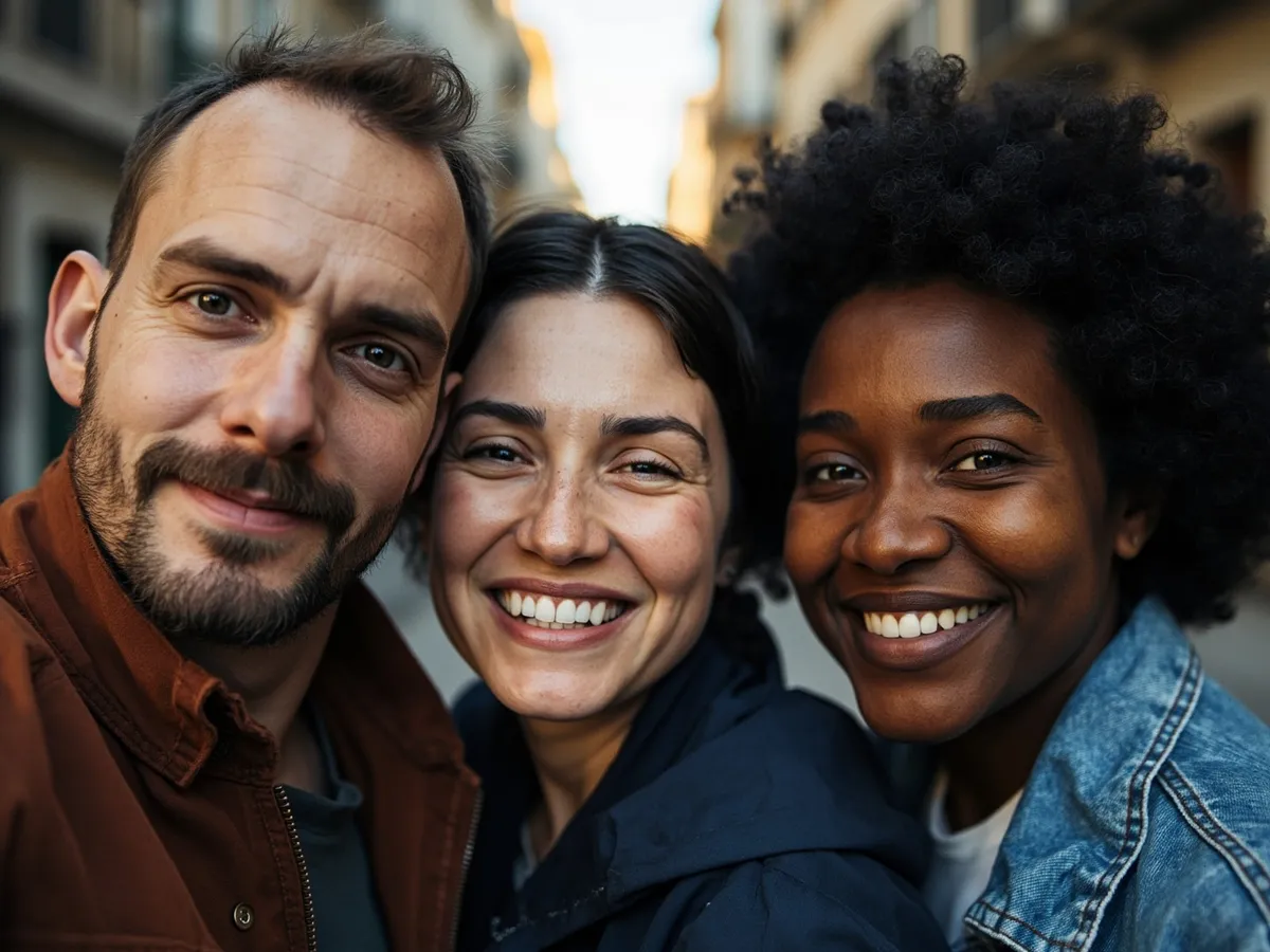 Computer-generated image: three friends laughing together in a group photo on a quest day out