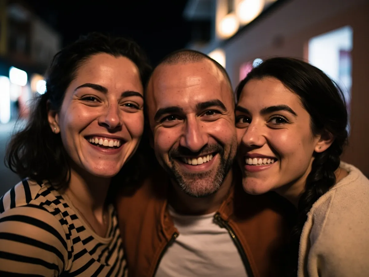 Computer-generated image: three friends laughing together in a group photo on a quest day out