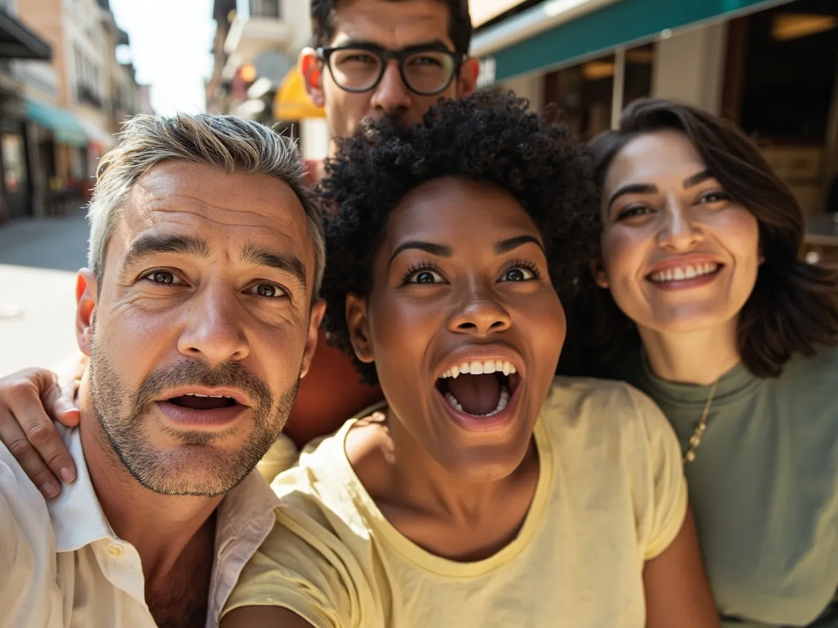 Computer-generated image: four friends laughing together in a group photo on a quest day out