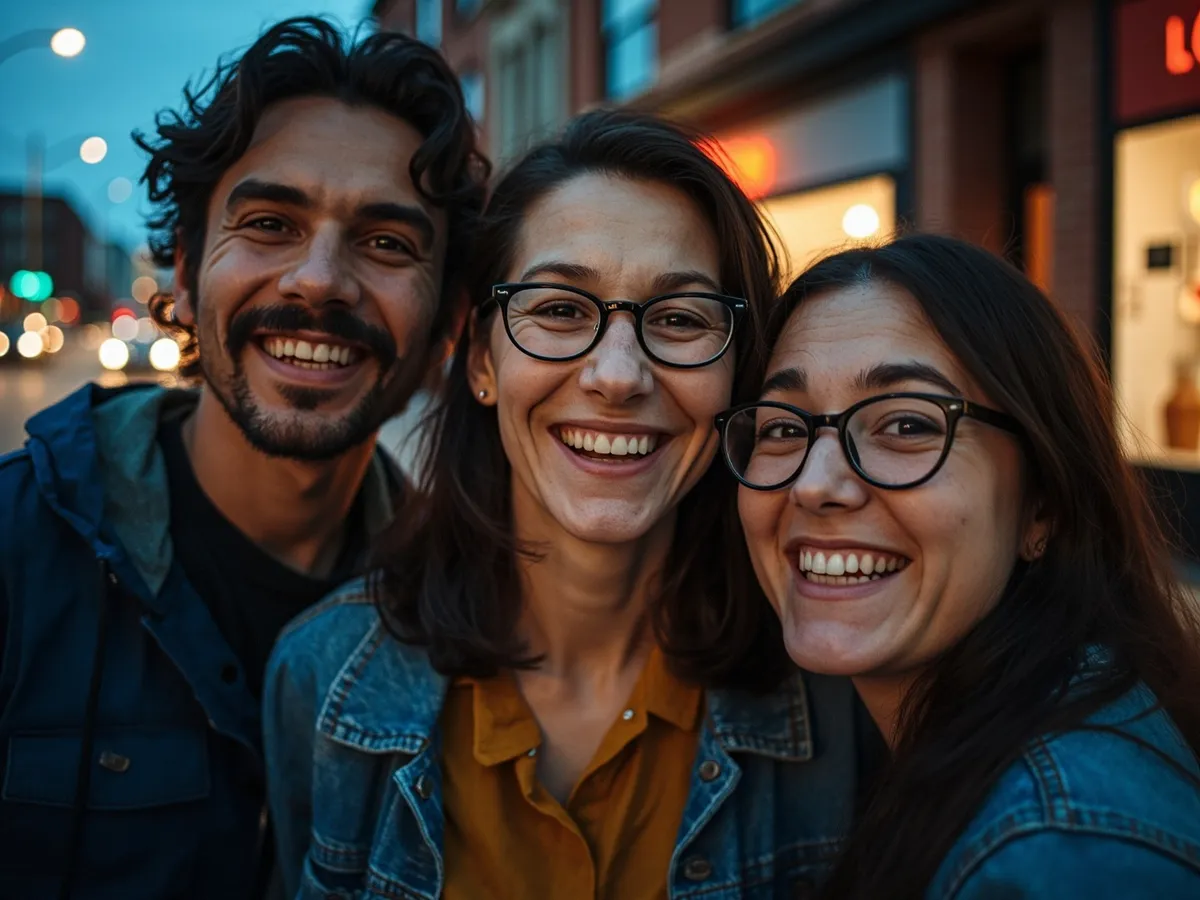 Computer-generated image: three friends laughing together in a group photo on a quest day out