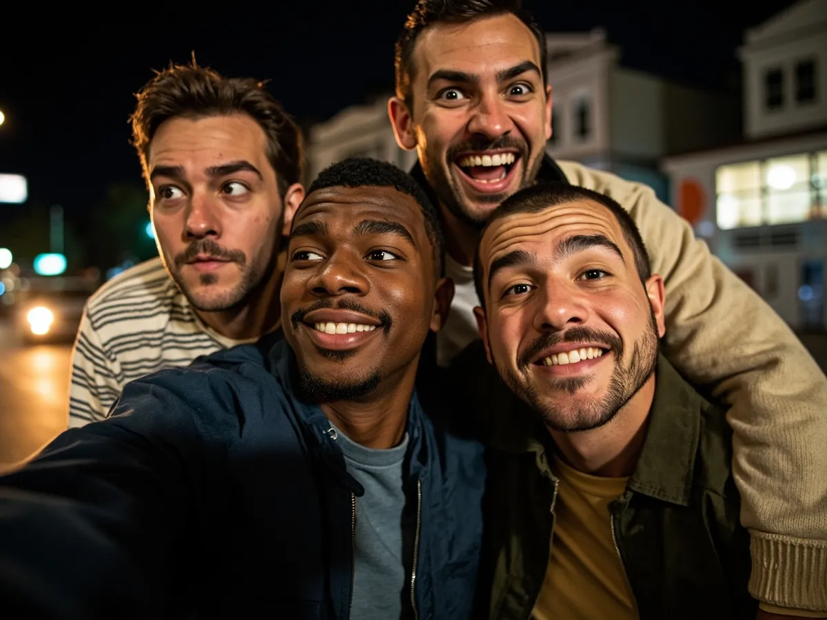 Computer-generated image: four friends laughing together in a group photo on a quest day out