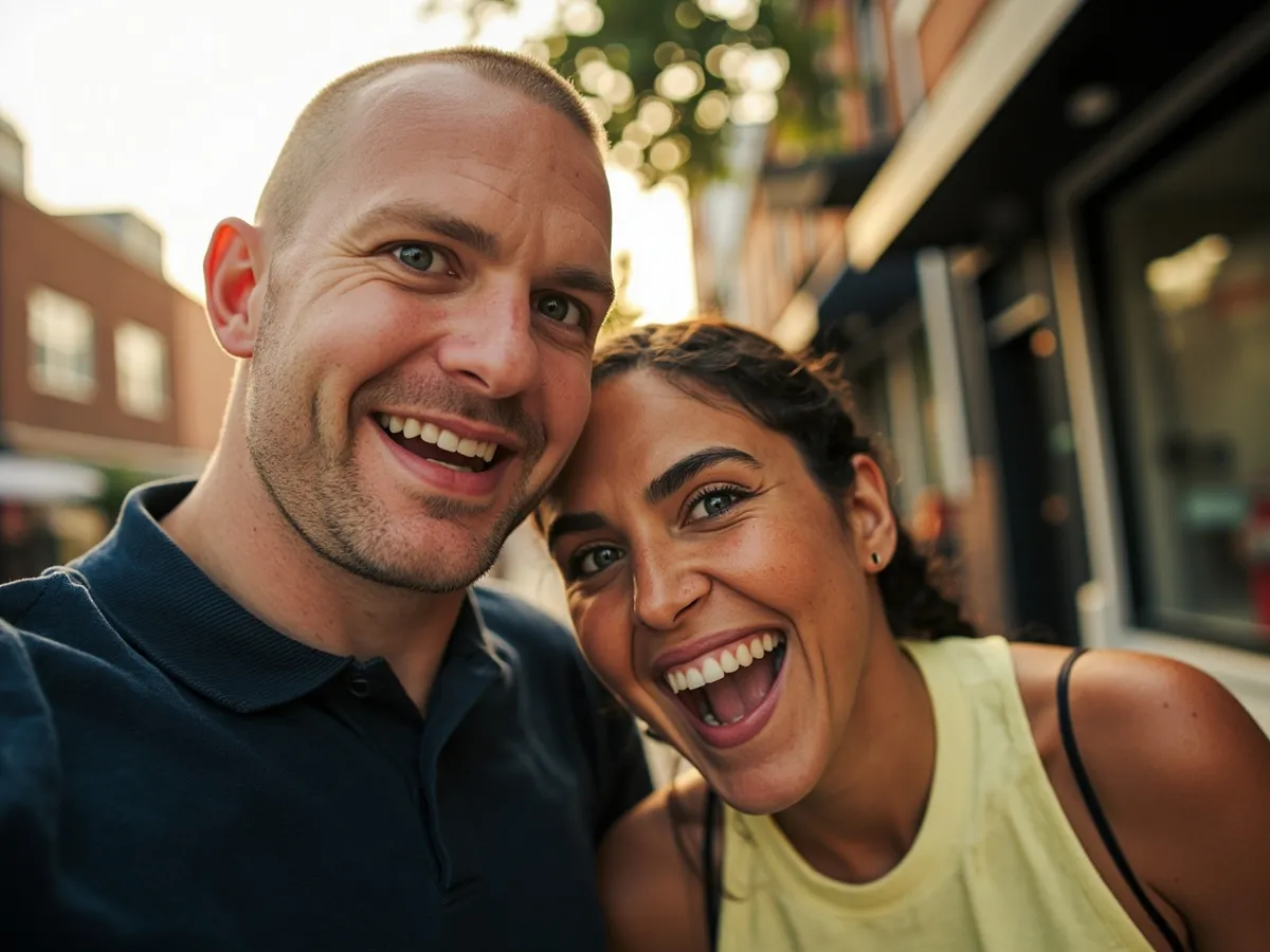 Computer-generated image: two friends laughing together in a group photo on a quest day out