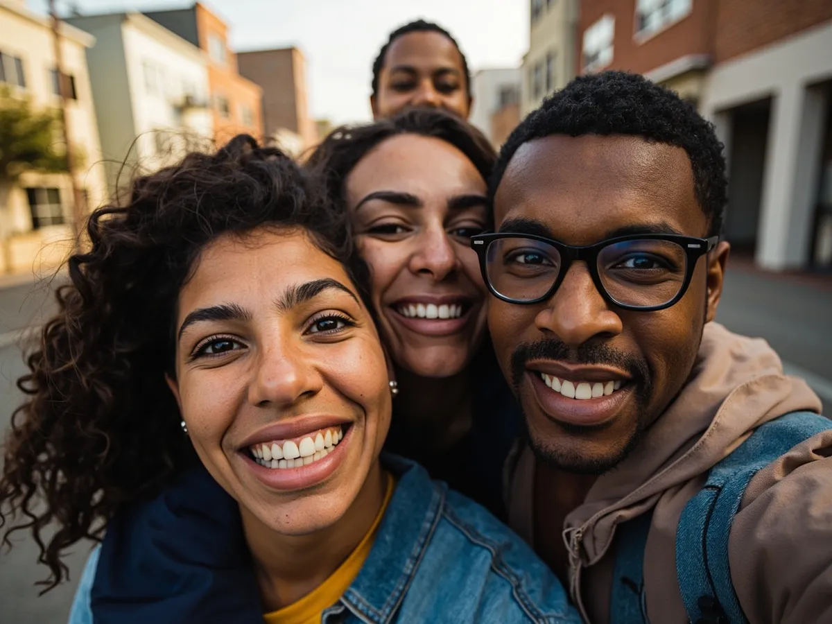 Computer-generated image: four friends laughing together in a group photo on a quest day out