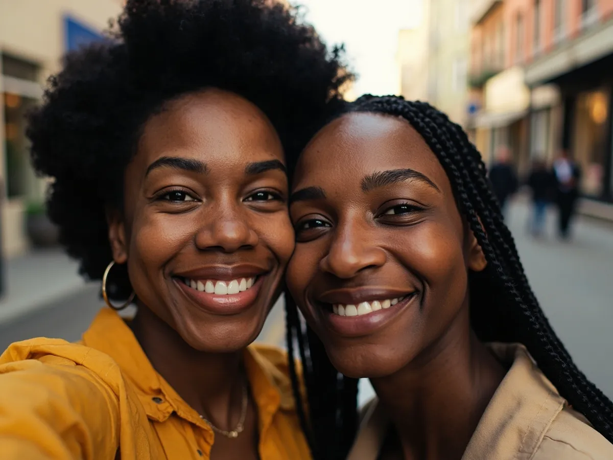 Computer-generated image: two friends laughing together in a group photo on a quest day out