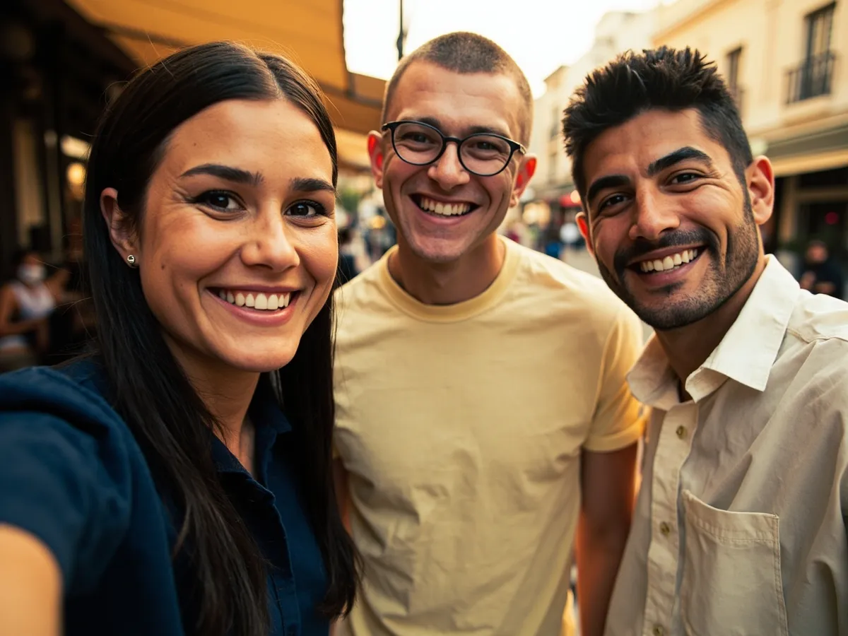 Computer-generated image: three friends laughing together in a group photo on a quest day out