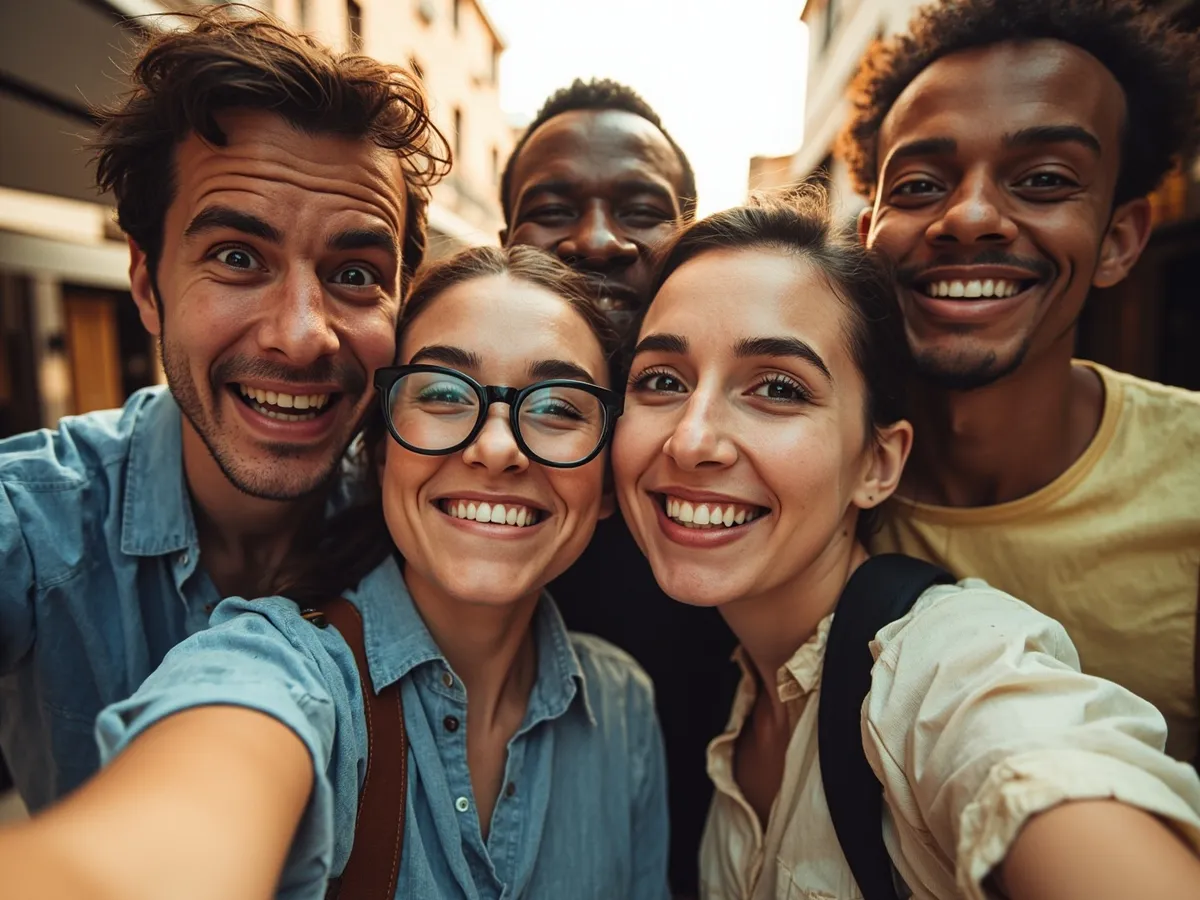 Computer-generated image: four friends laughing together in a group photo on a quest day out