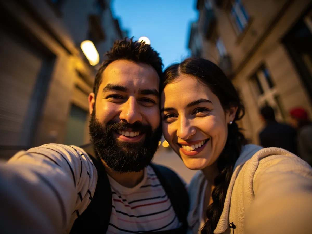 Computer-generated image: two friends laughing together in a group photo on a quest day out
