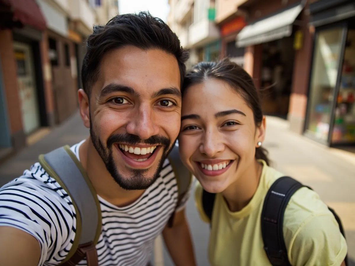 Computer-generated image: two friends laughing together in a group photo on a quest day out