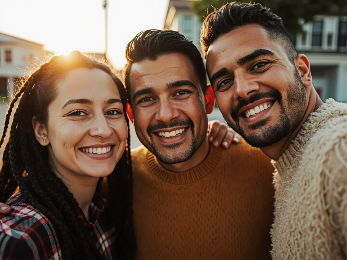 Computer-generated image: three friends laughing together in a group photo on a quest day out