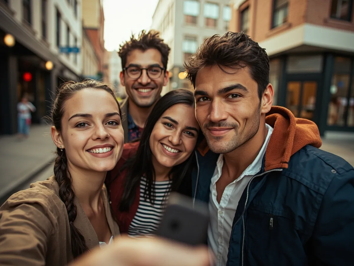 Computer-generated image: four friends laughing together in a group photo on a quest day out
