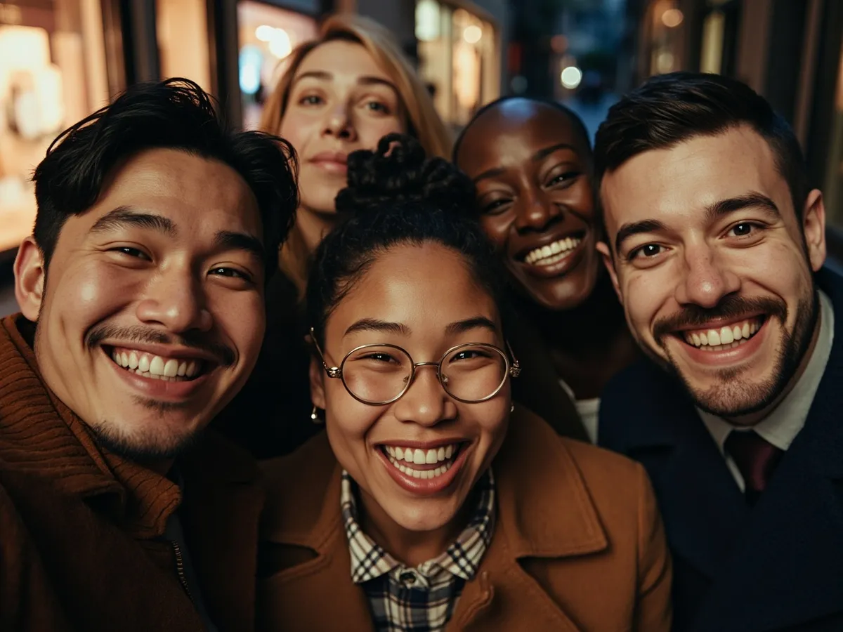 Computer-generated image: four friends laughing together in a group photo on a quest day out