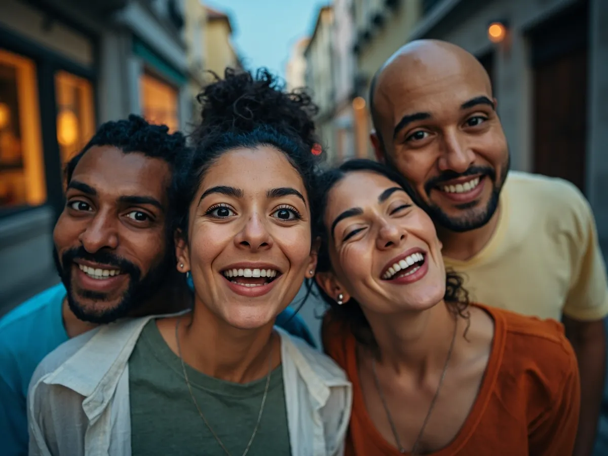 Computer-generated image: four friends laughing together in a group photo on a quest day out