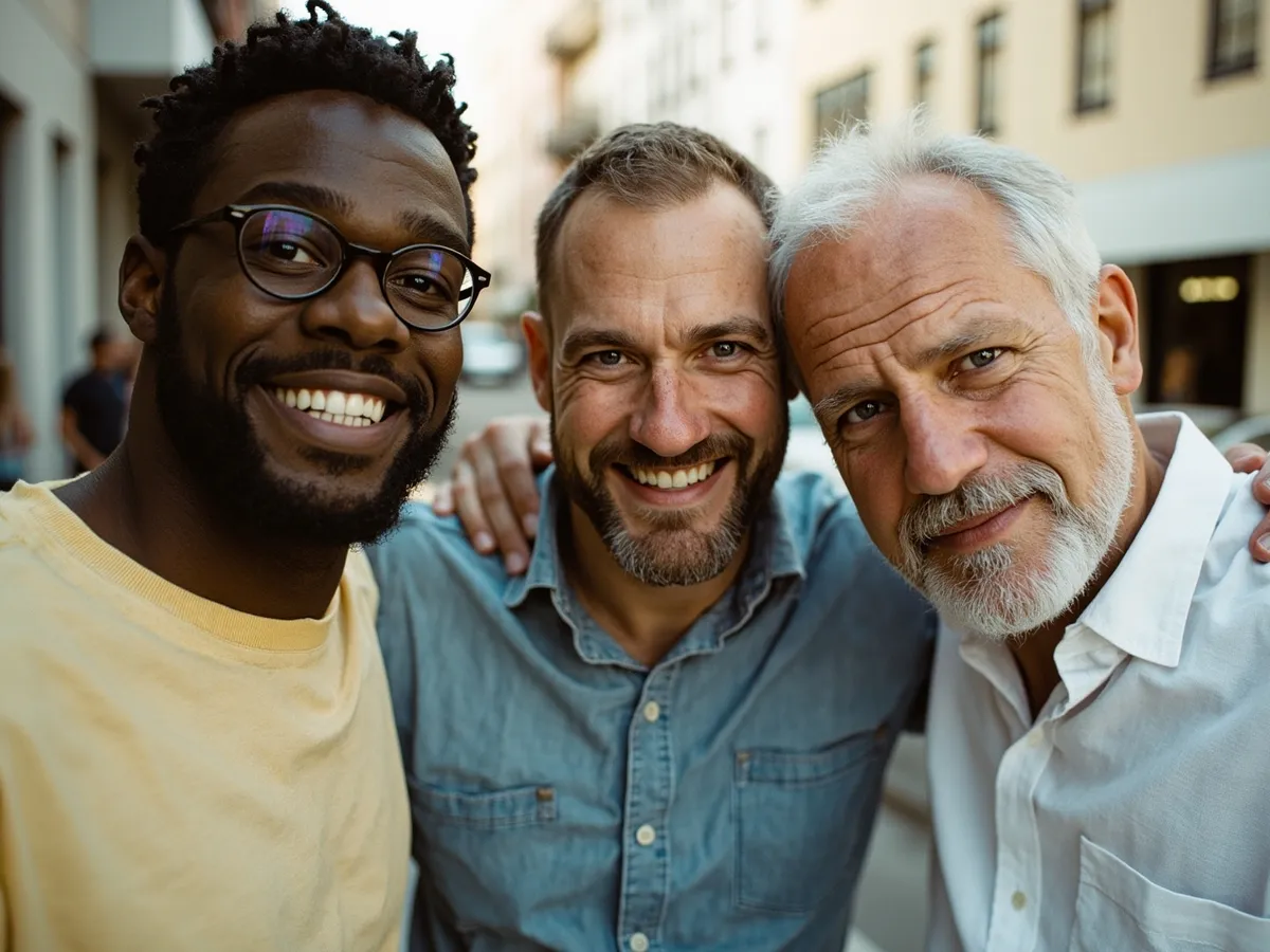 Computer-generated image: three friends laughing together in a group photo on a quest day out