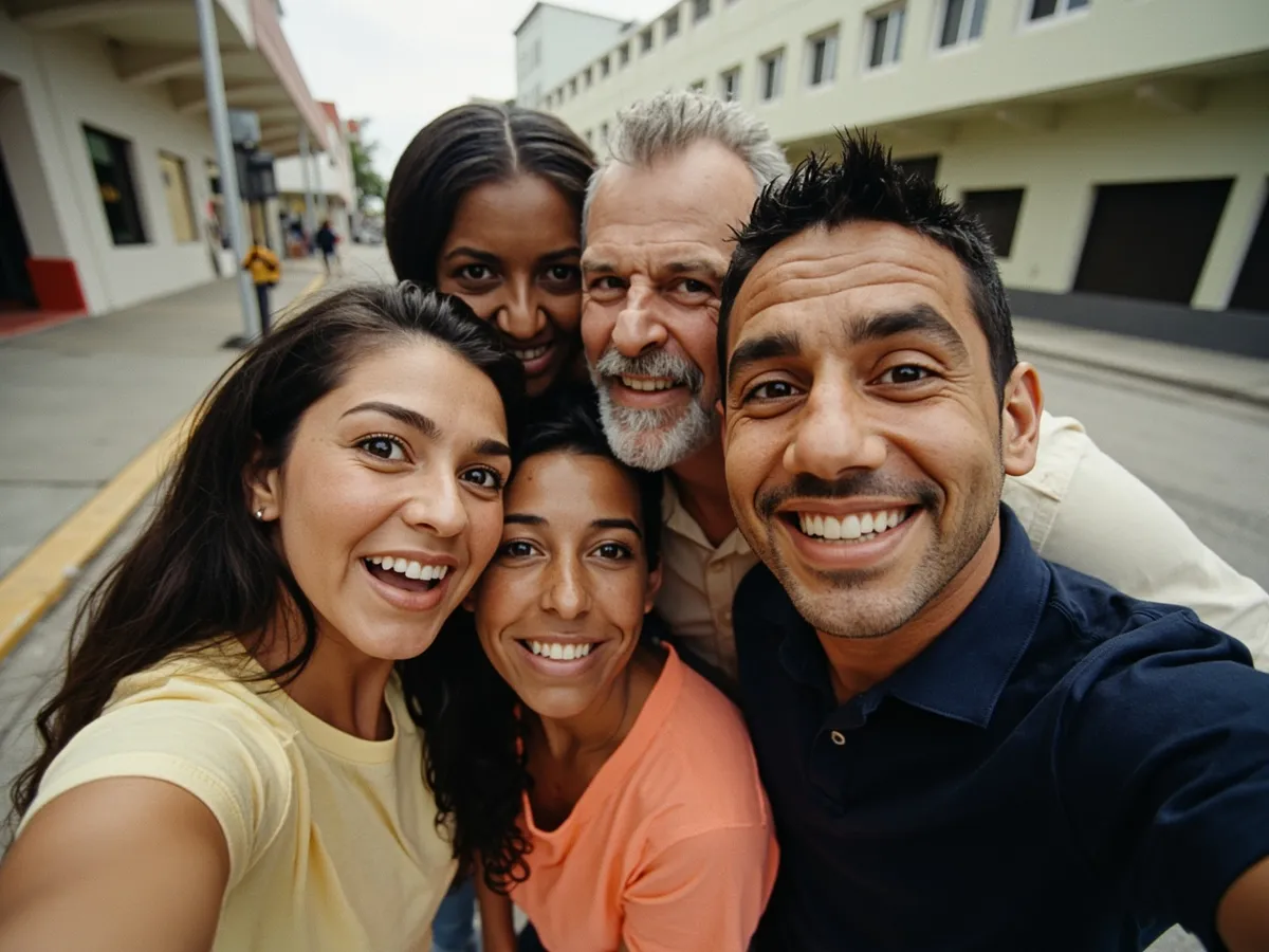 Computer-generated image: four friends laughing together in a group photo on a quest day out