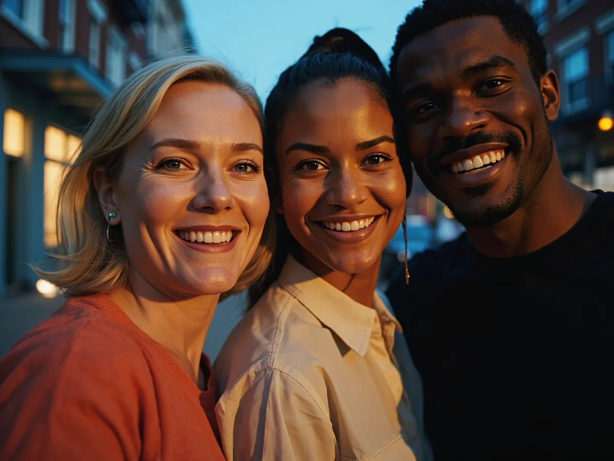 Computer-generated image: three friends laughing together in a group photo on a quest day out
