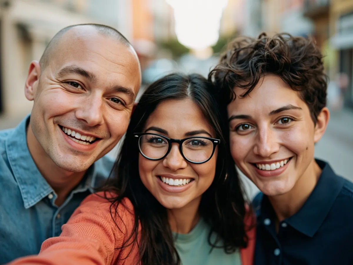 Computer-generated image: three friends laughing together in a group photo on a quest day out