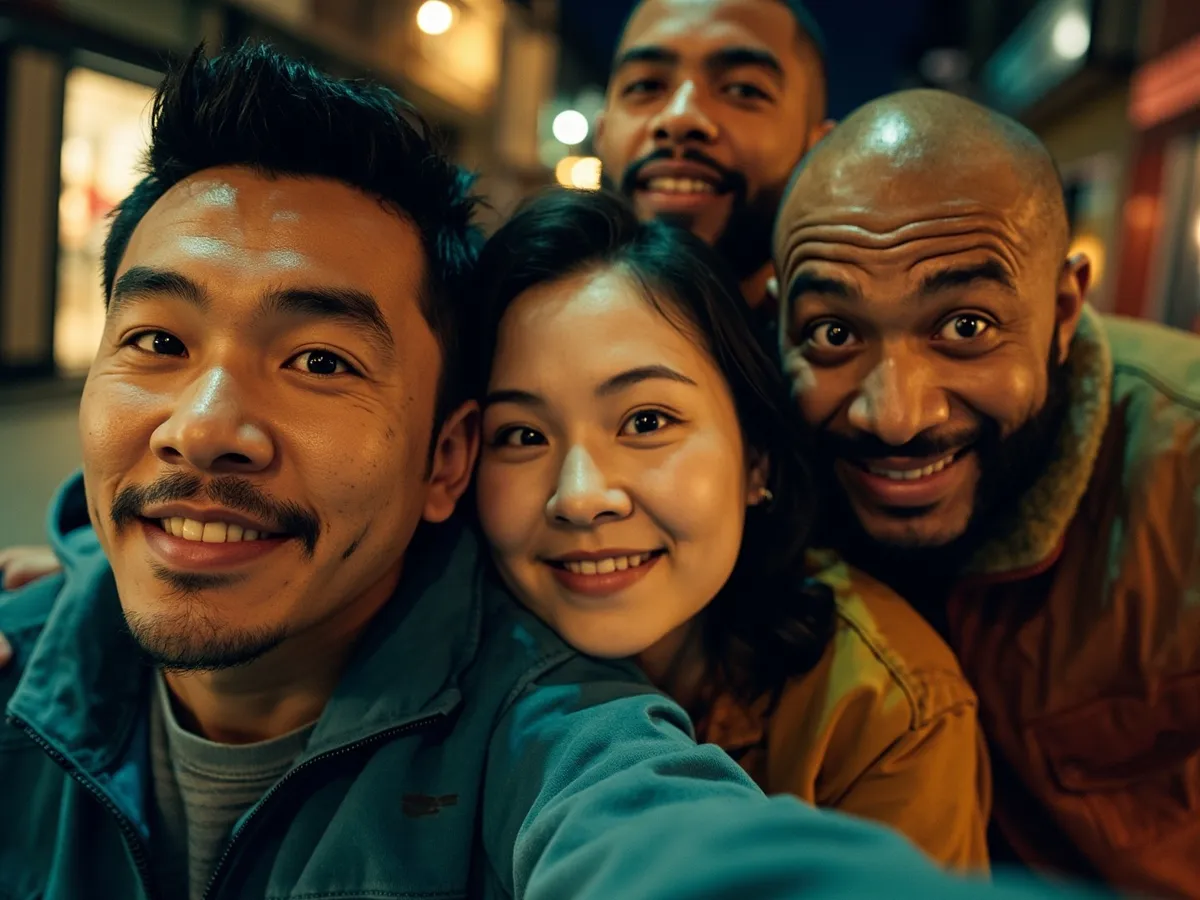 Computer-generated image: four friends laughing together in a group photo on a quest day out