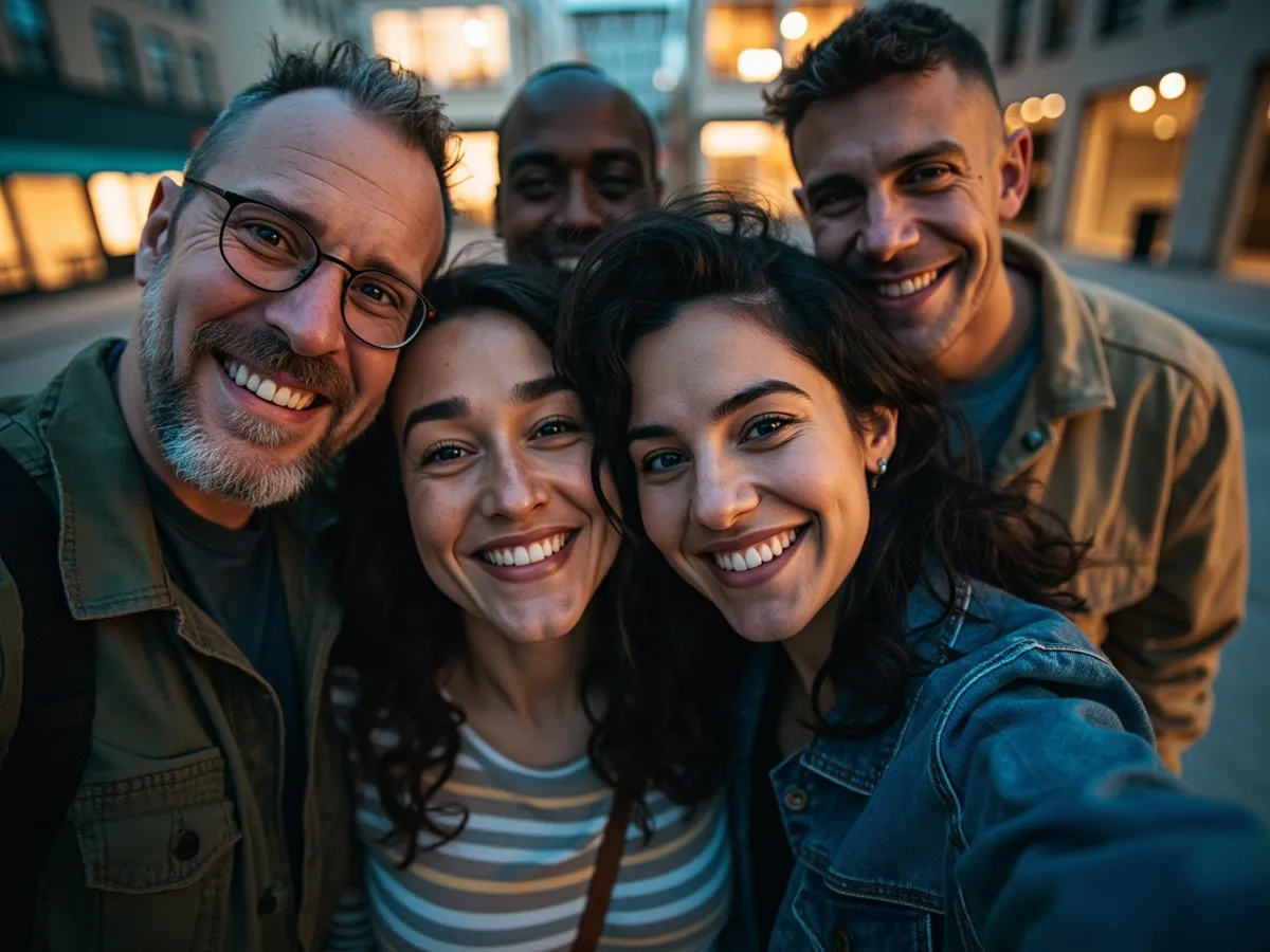 Computer-generated image: four friends laughing together in a group photo on a quest day out