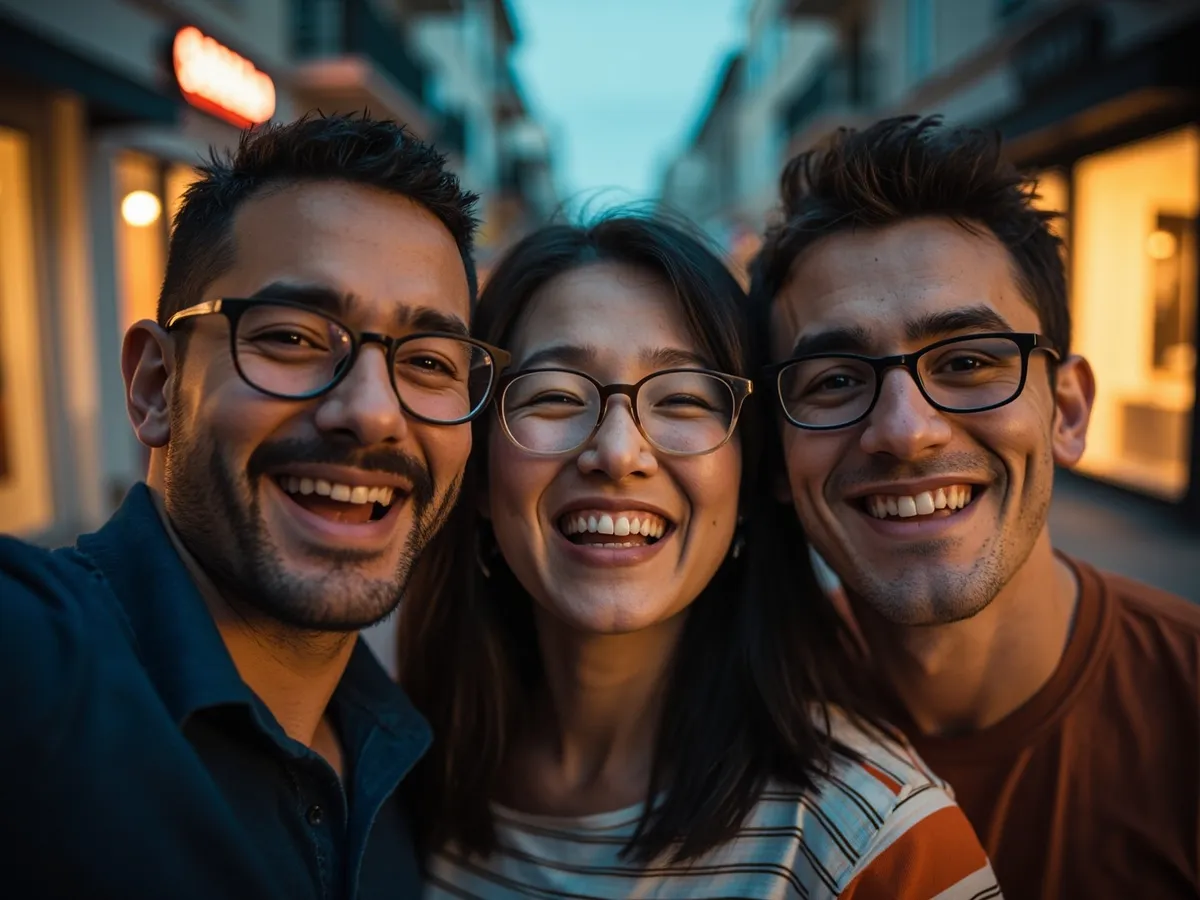 Computer-generated image: three friends laughing together in a group photo on a quest day out