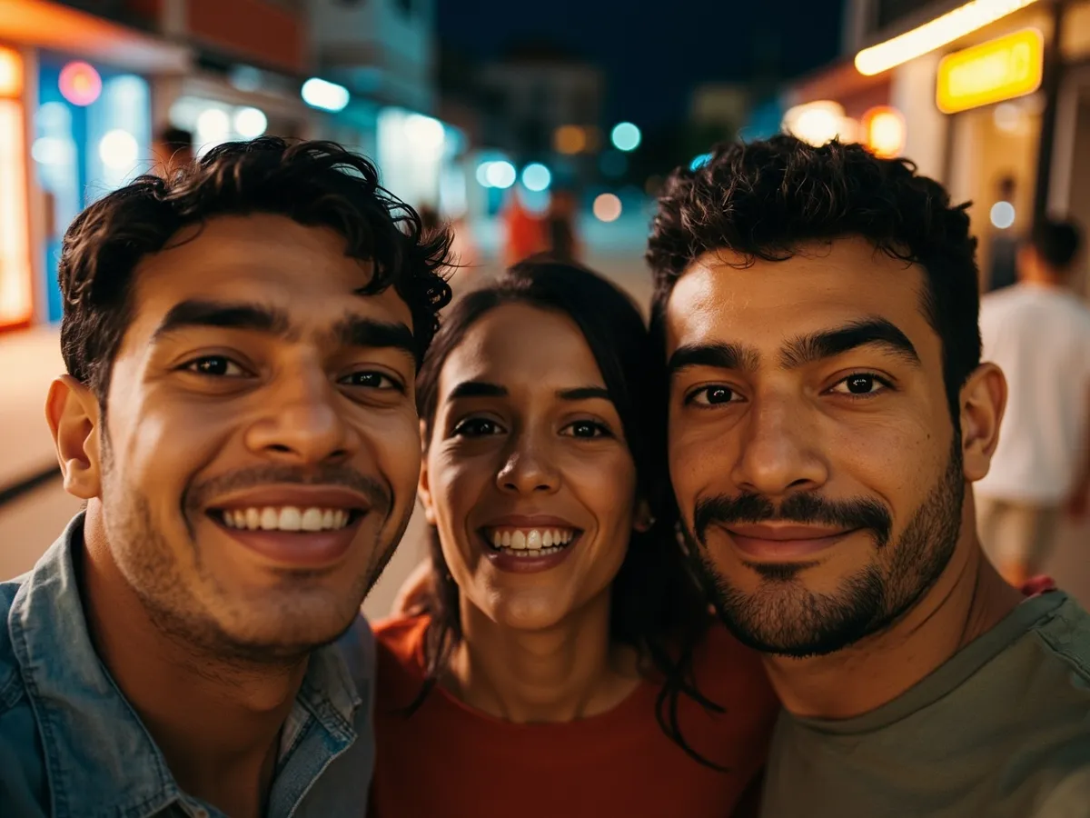 Computer-generated image: three friends laughing together in a group photo on a quest day out