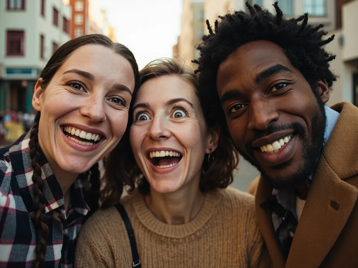 Computer-generated image: three friends laughing together in a group photo on a quest day out