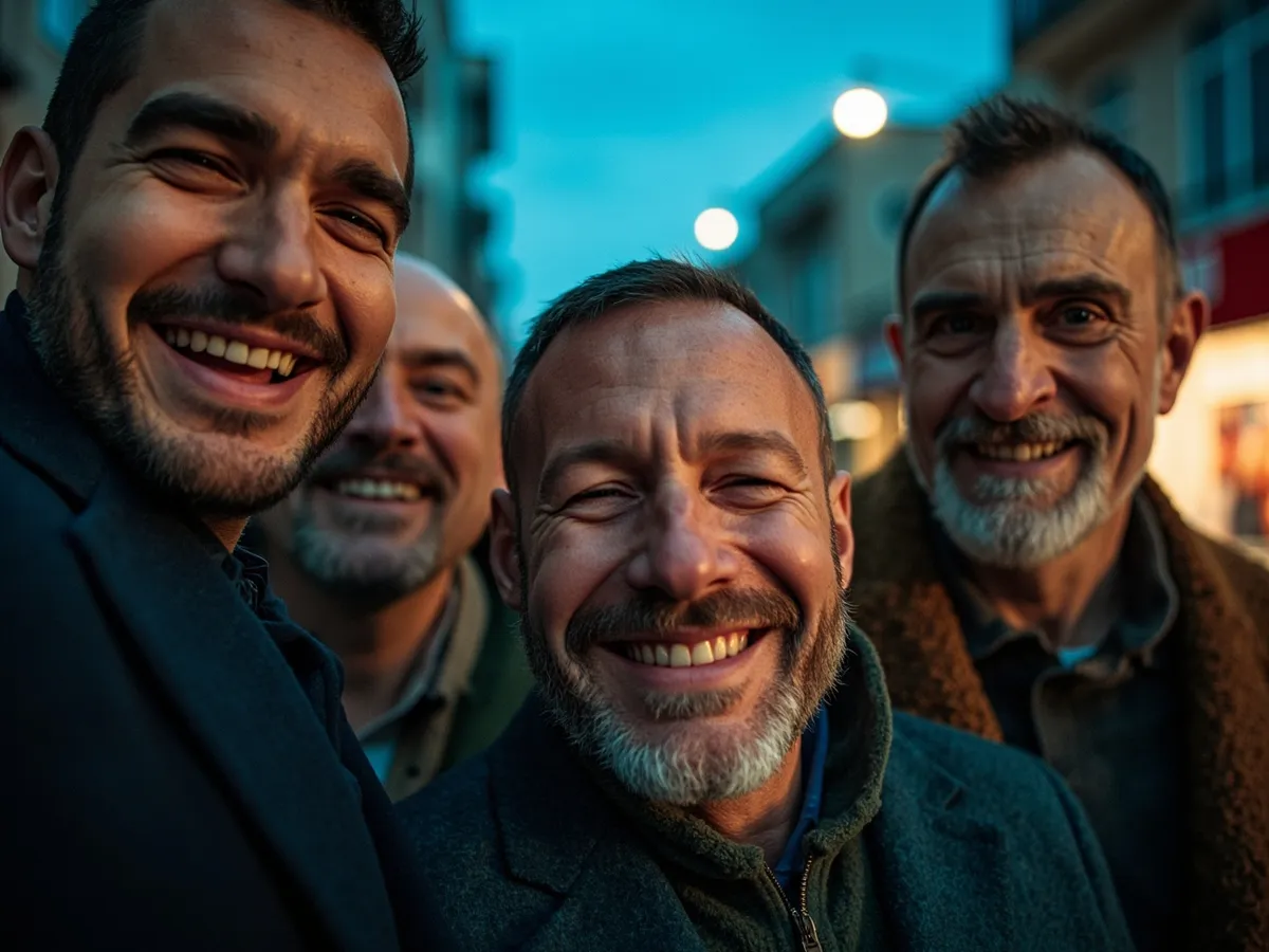 Computer-generated image: four friends laughing together in a group photo on a quest day out