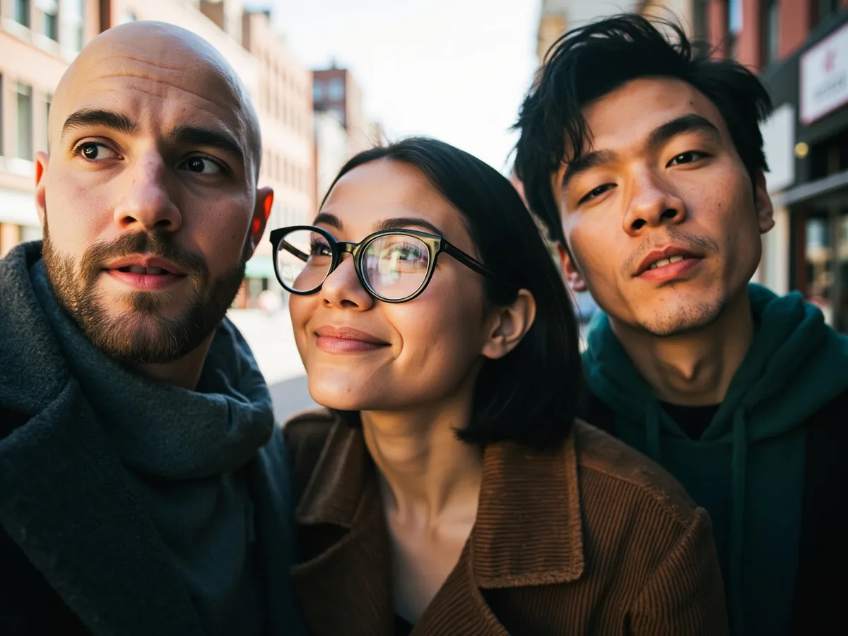 Computer-generated image: three friends laughing together in a group photo on a quest day out