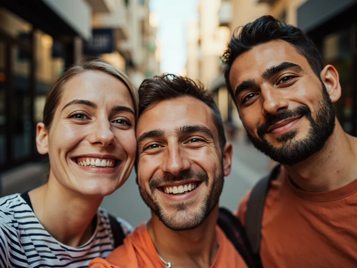Computer-generated image: three friends laughing together in a group photo on a quest day out