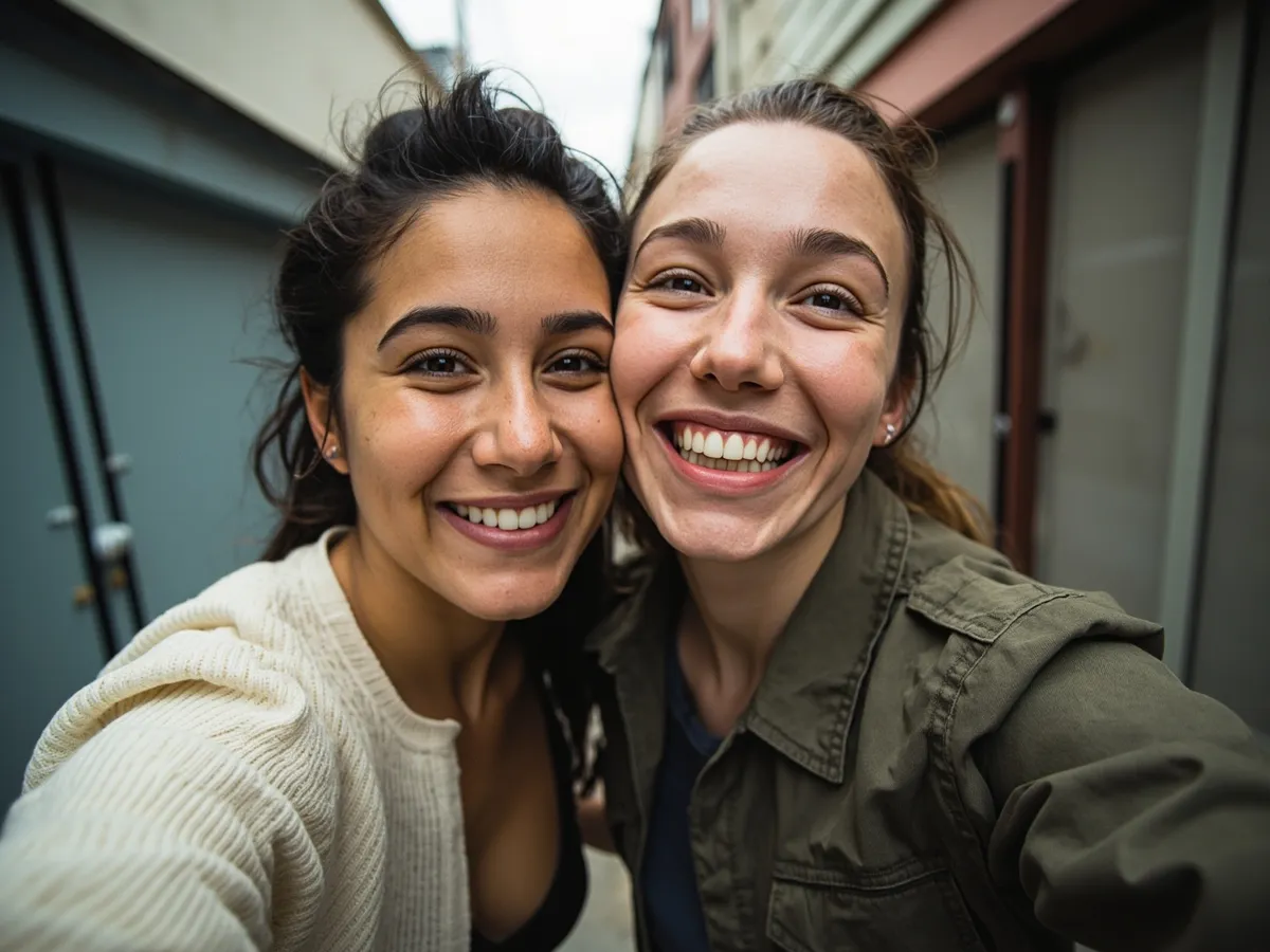 Computer-generated image: two friends laughing together in a group photo on a quest day out