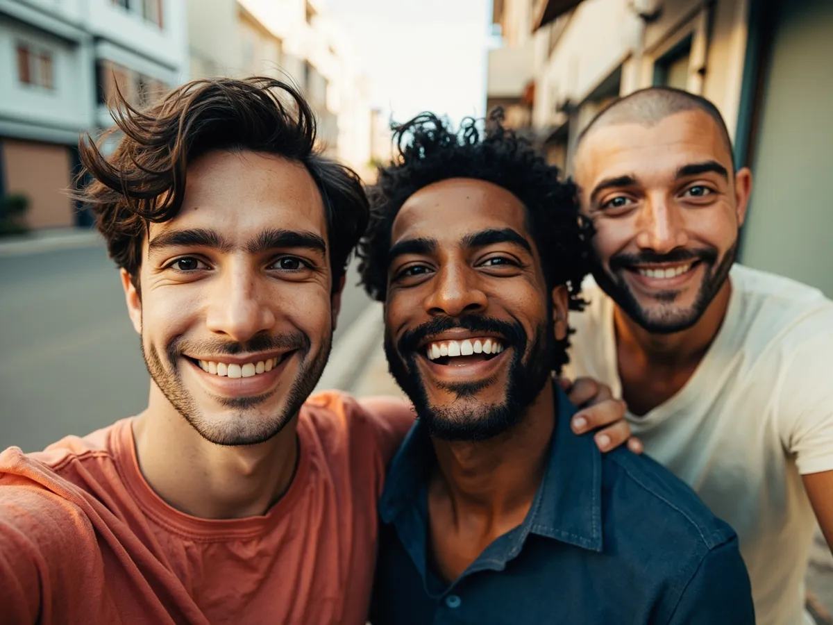 Computer-generated image: four friends laughing together in a group photo on a quest day out