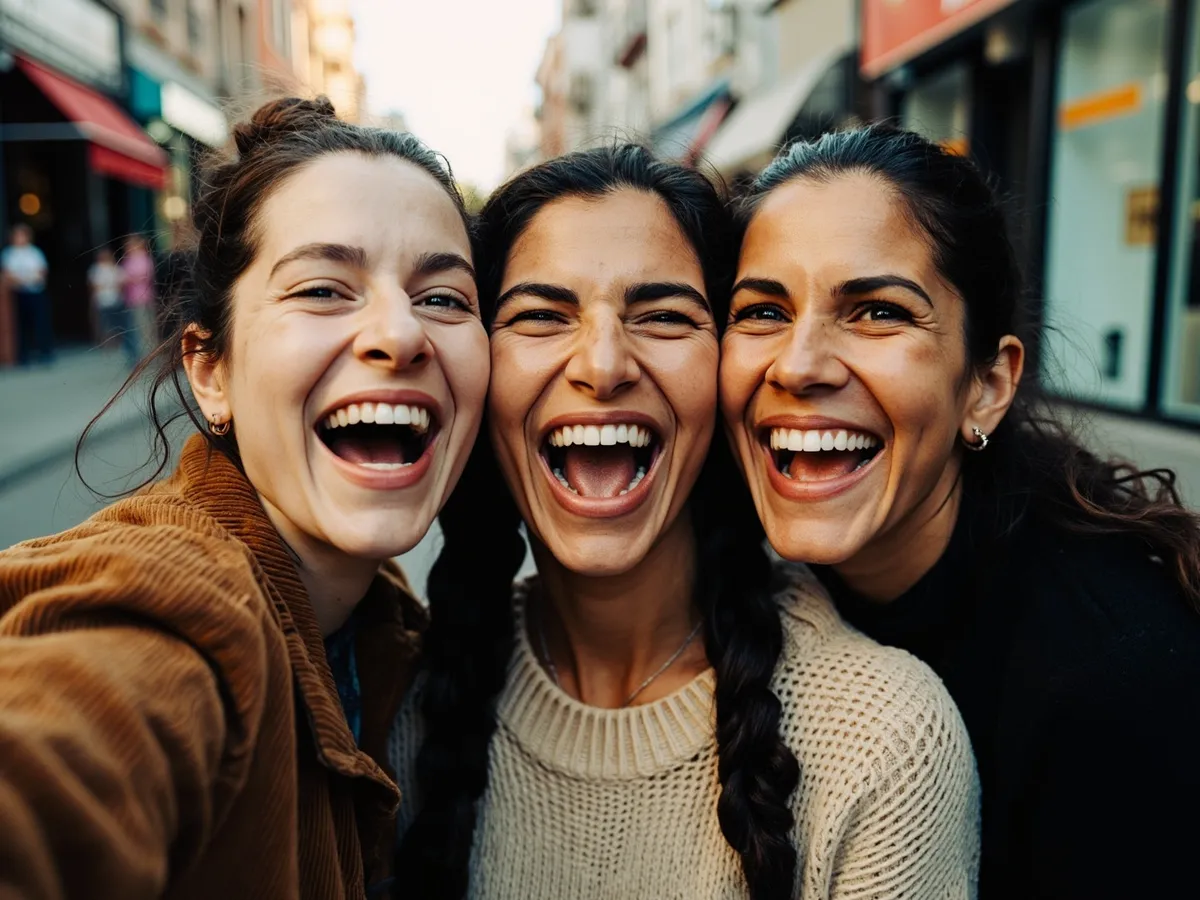 Computer-generated image: three friends laughing together in a group photo on a quest day out
