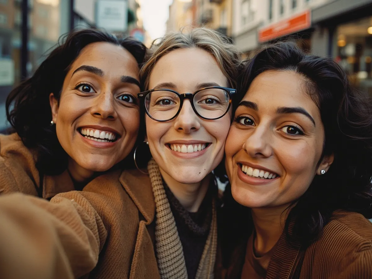 Computer-generated image: three friends laughing together in a group photo on a quest day out