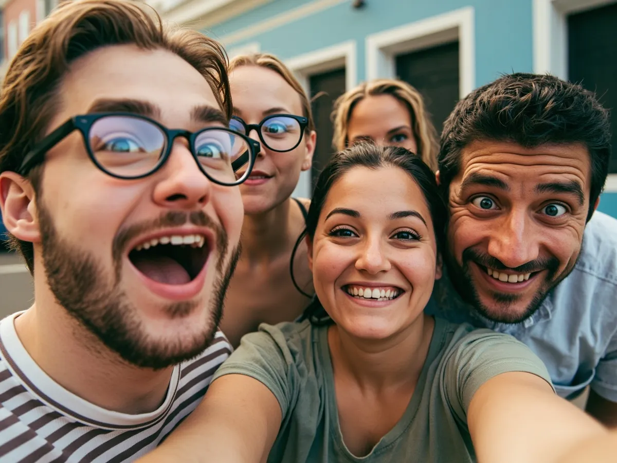 Computer-generated image: four friends laughing together in a group photo on a quest day out