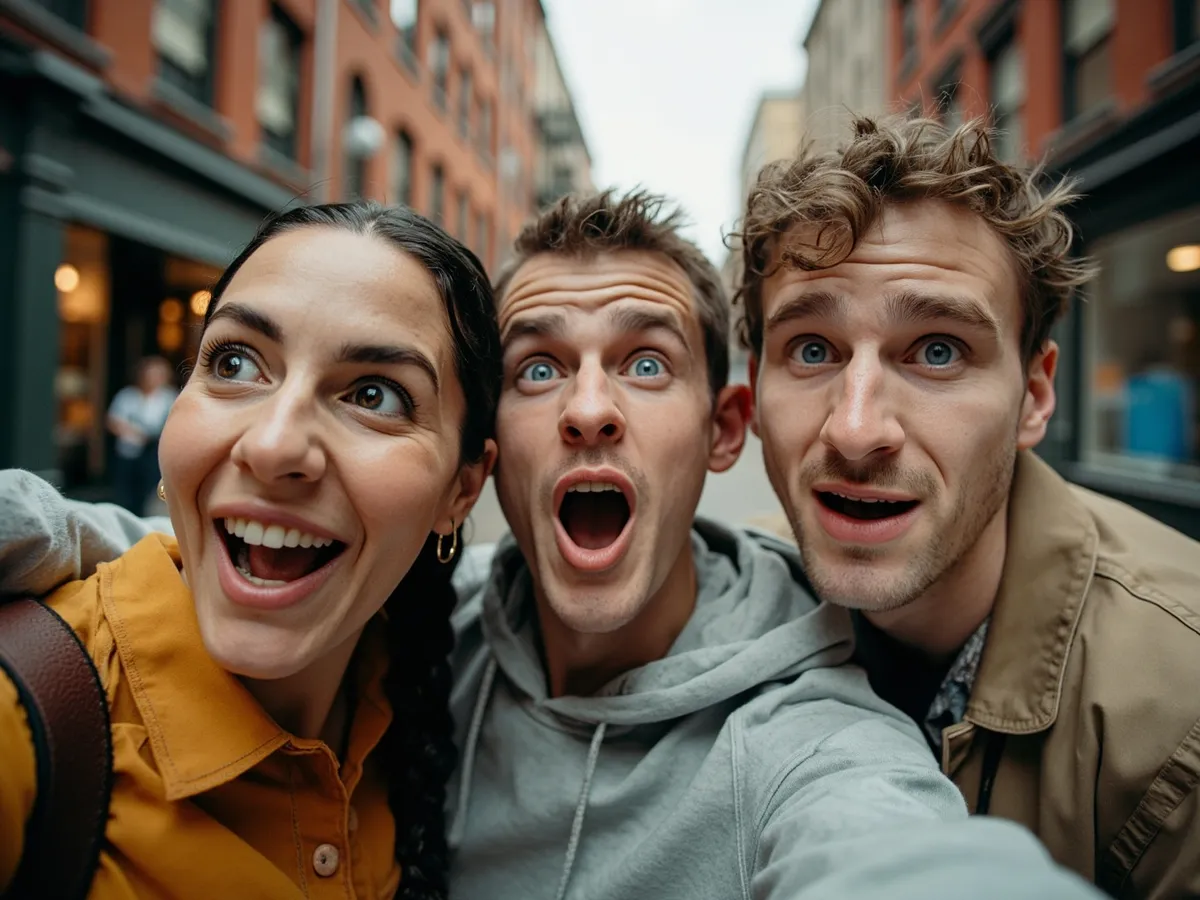 Computer-generated image: three friends laughing together in a group photo on a quest day out