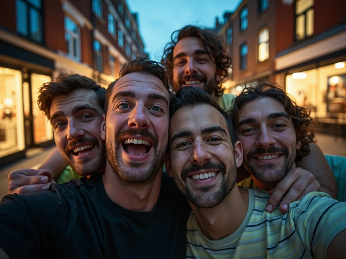 Computer-generated image: four friends laughing together in a group photo on a quest day out