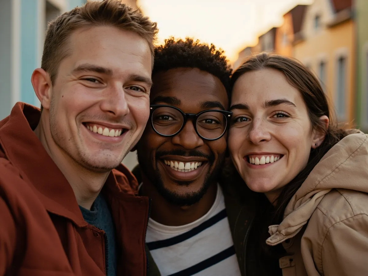 Computer-generated image: three friends laughing together in a group photo on a quest day out