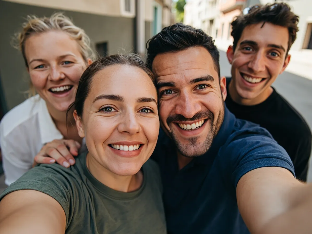 Computer-generated image: four friends laughing together in a group photo on a quest day out