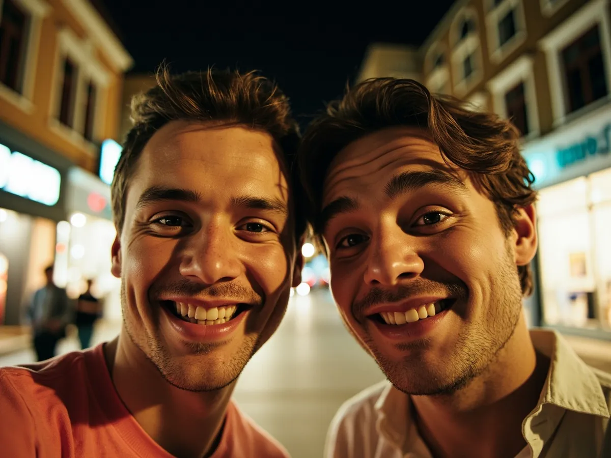 Computer-generated image: two friends laughing together in a group photo on a quest day out