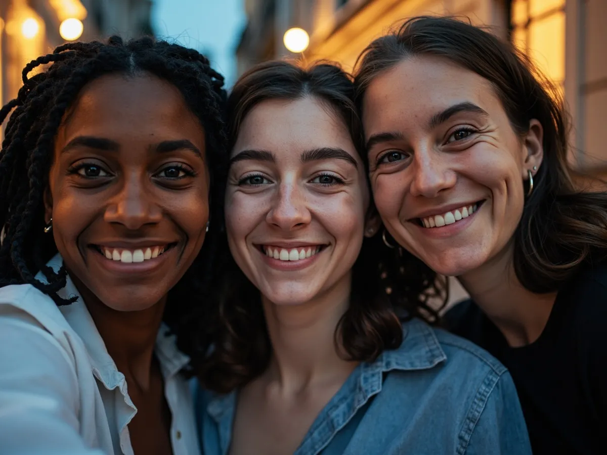 Computer-generated image: three friends laughing together in a group photo on a quest day out