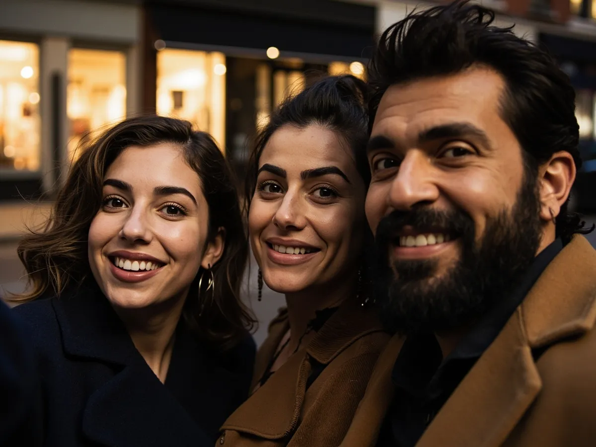 Computer-generated image: three friends laughing together in a group photo on a quest day out