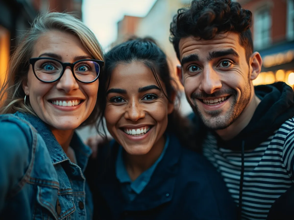 Computer-generated image: three friends laughing together in a group photo on a quest day out