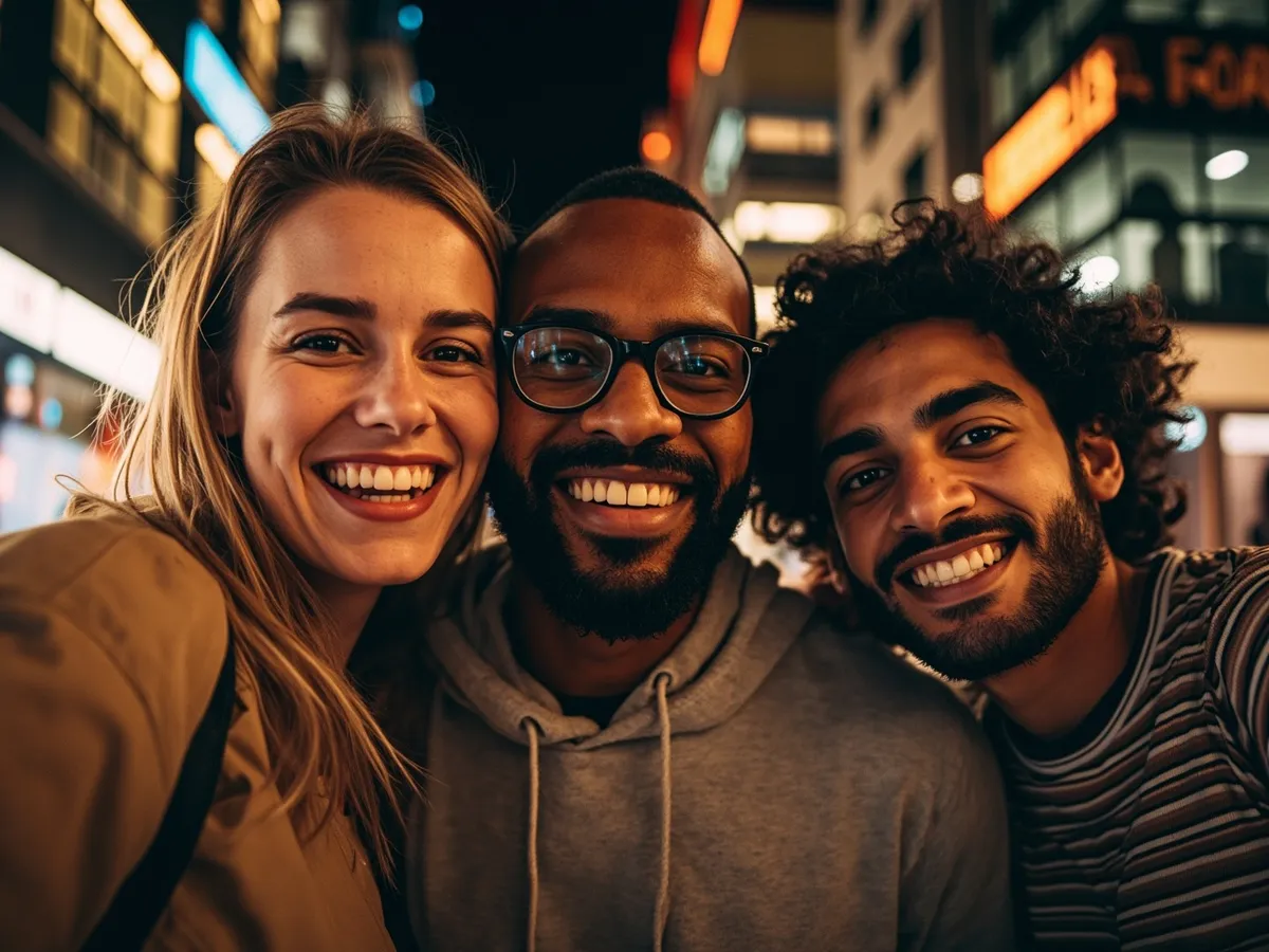 Computer-generated image: three friends laughing together in a group photo on a quest day out
