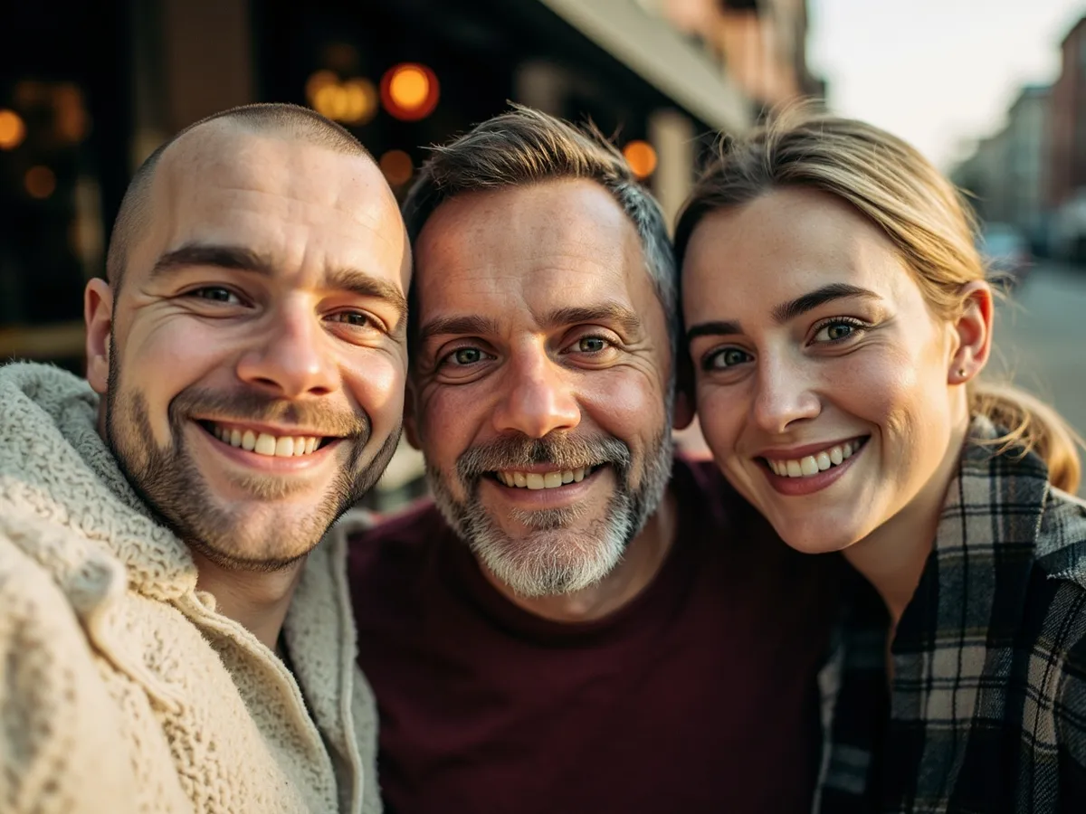 Computer-generated image: three friends laughing together in a group photo on a quest day out