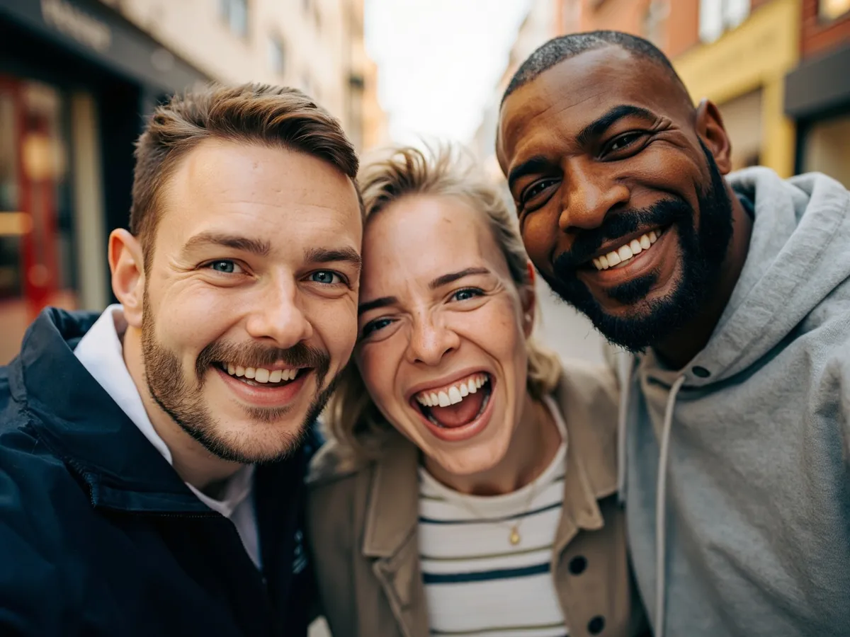 Computer-generated image: three friends laughing together in a group photo on a quest day out