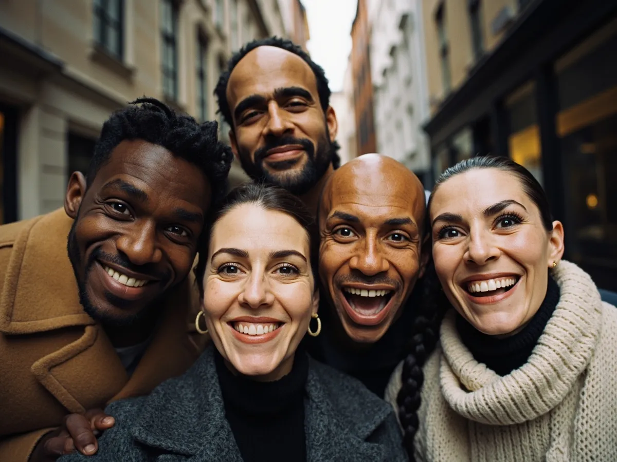Computer-generated image: four friends laughing together in a group photo on a quest day out