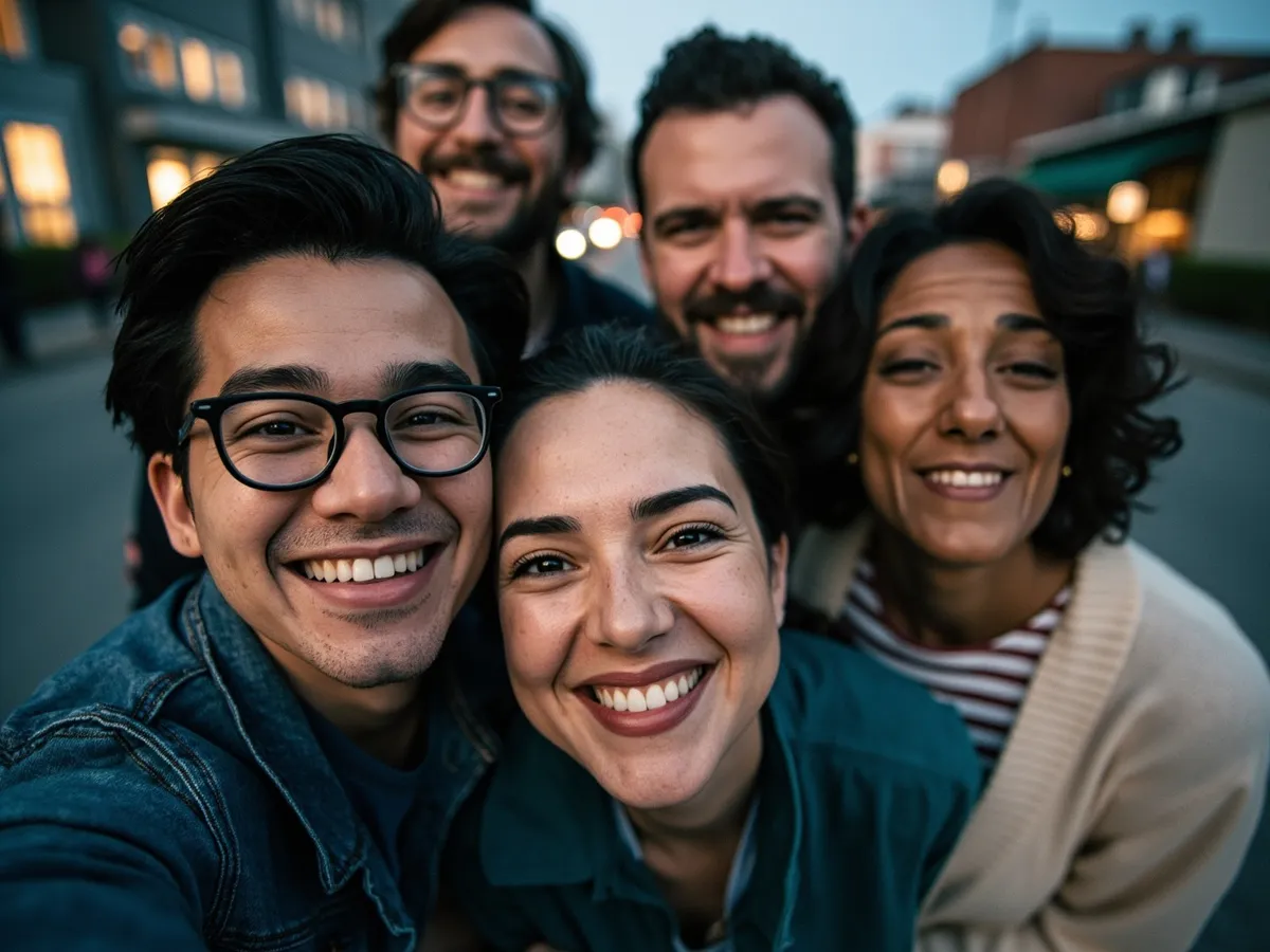 Computer-generated image: four friends laughing together in a group photo on a quest day out