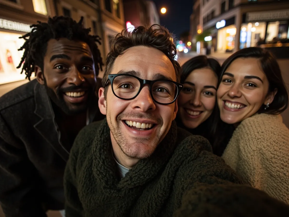 Computer-generated image: four friends laughing together in a group photo on a quest day out