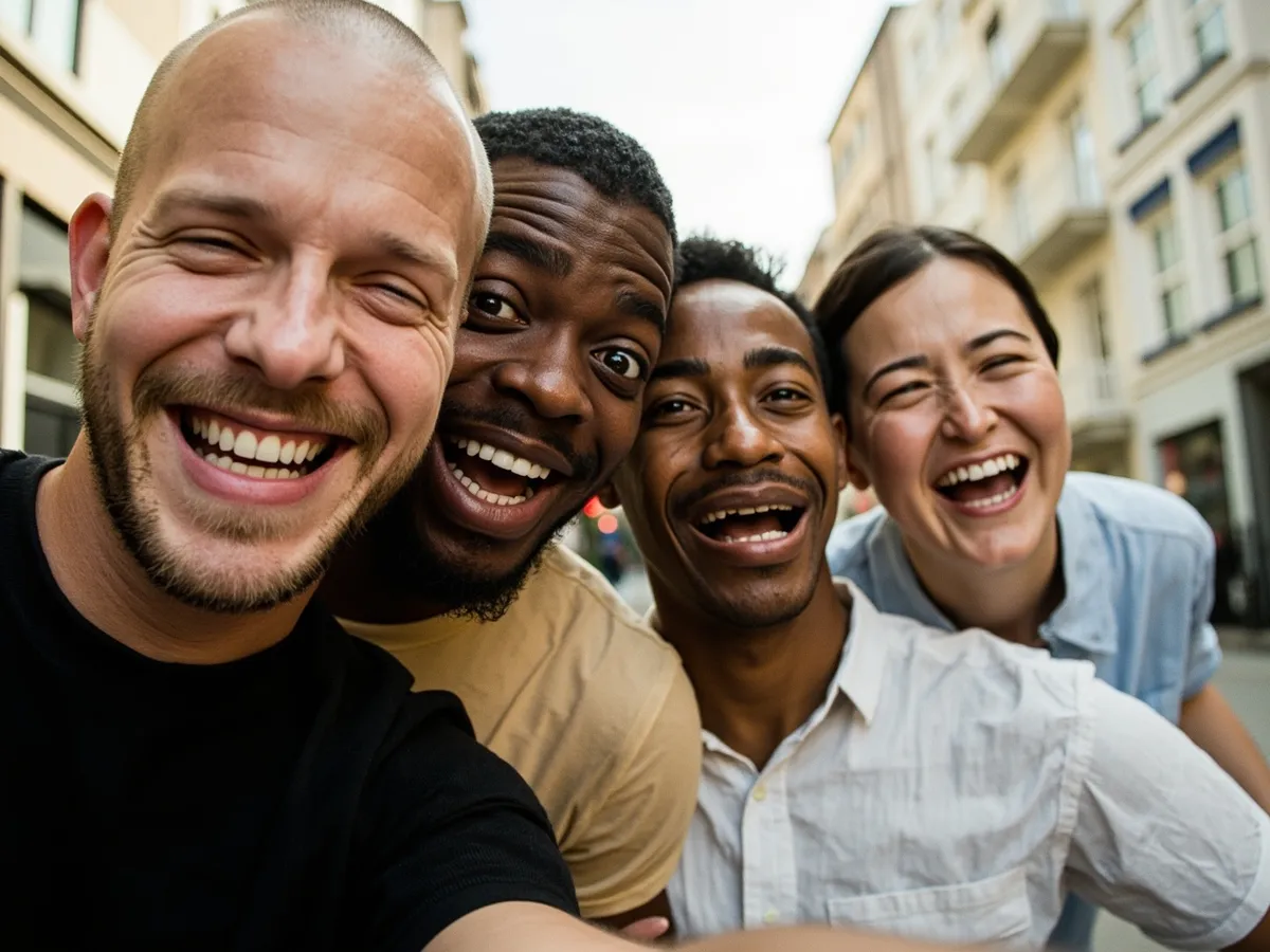 Computer-generated image: four friends laughing together in a group photo on a quest day out