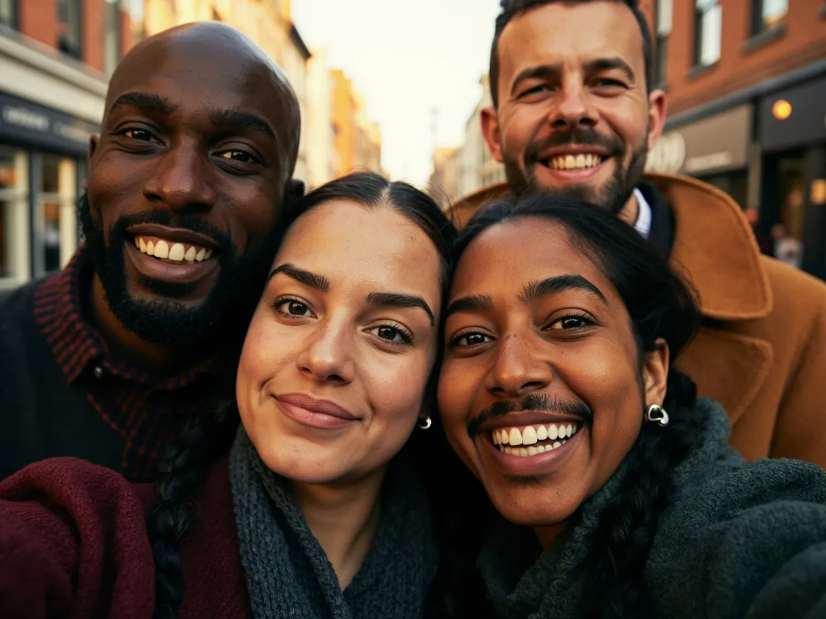 Computer-generated image: four friends laughing together in a group photo on a quest day out